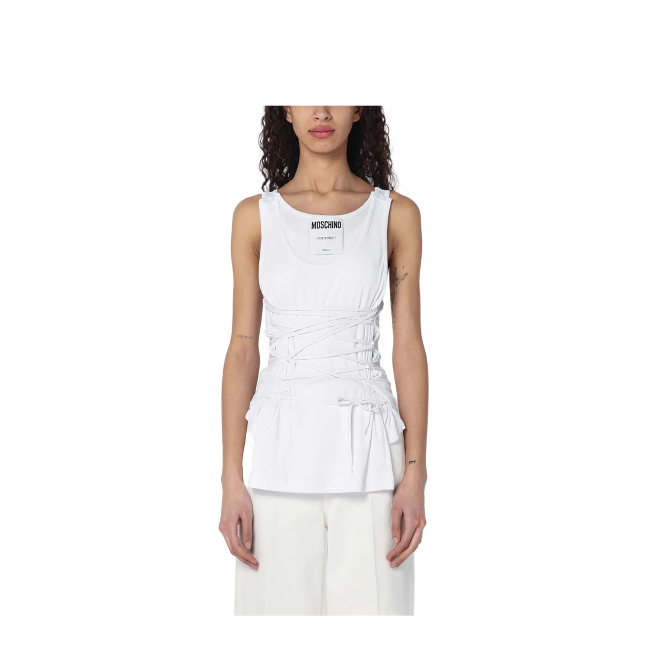 White Tank Top in Cotton with Laces