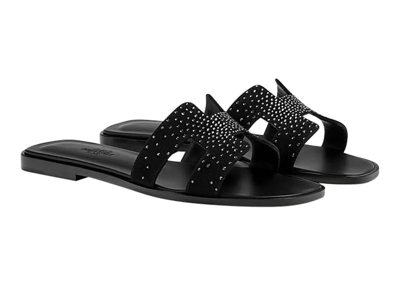 Hermes Oran Sandal Rhinestone Noir Suede Goatskin