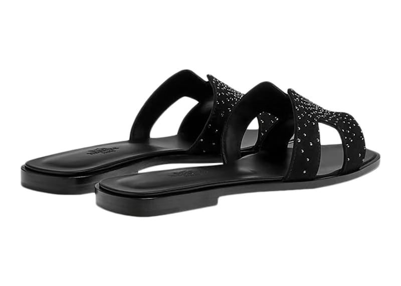 Hermes Oran Sandal Rhinestone Noir Suede Goatskin