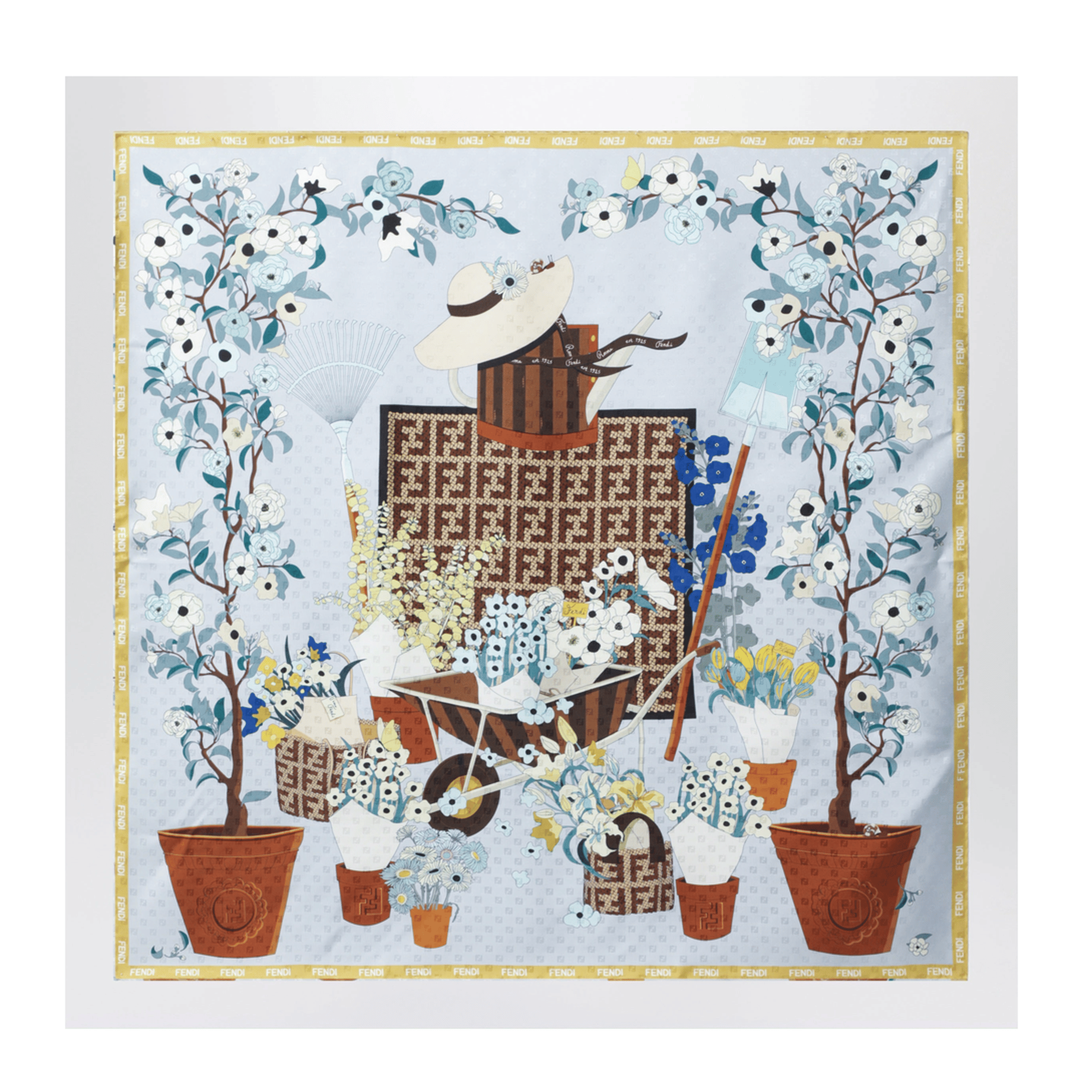 Gardening Light Blue Multicoloured Silk Foulard