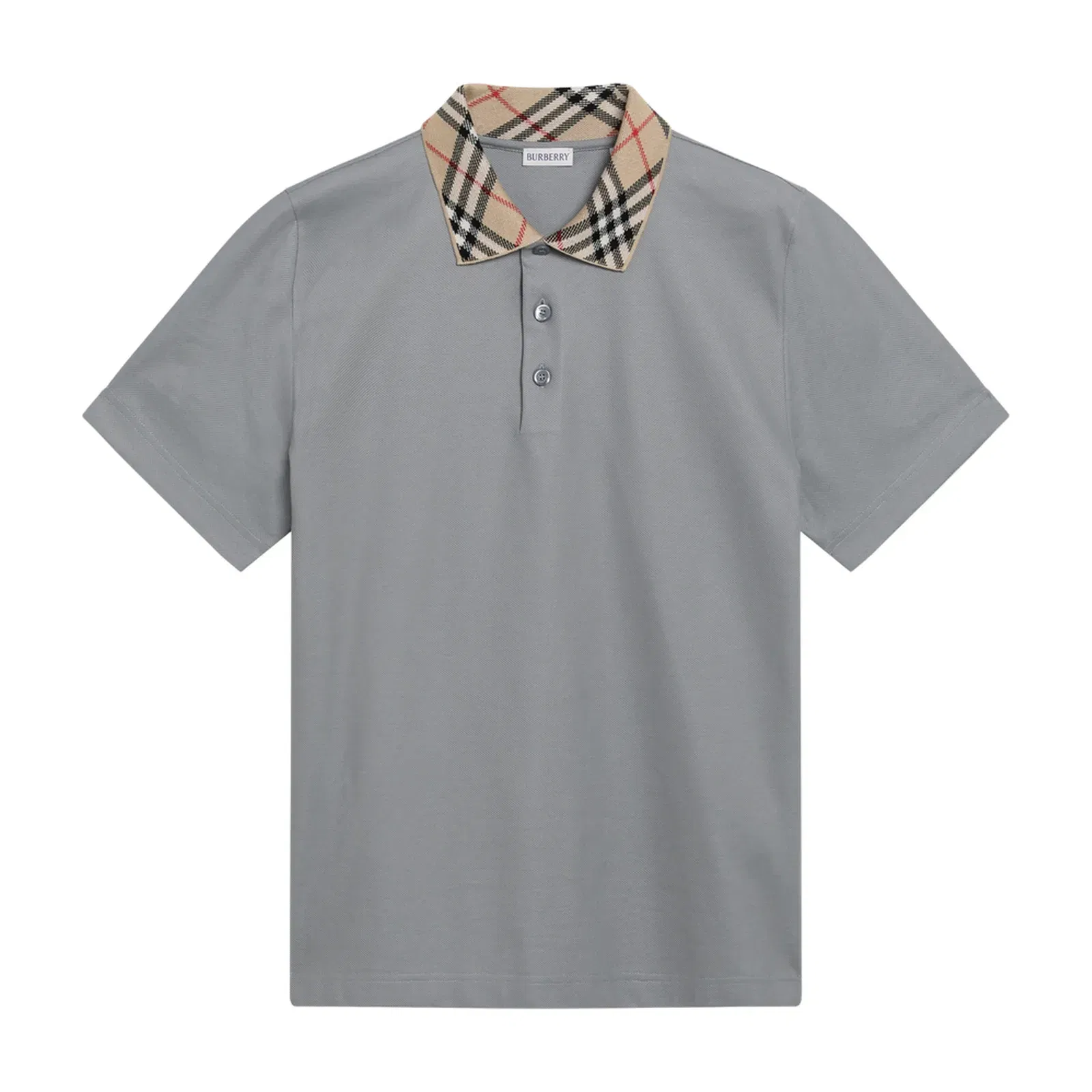 Grey Cotton Polo with Check Collar