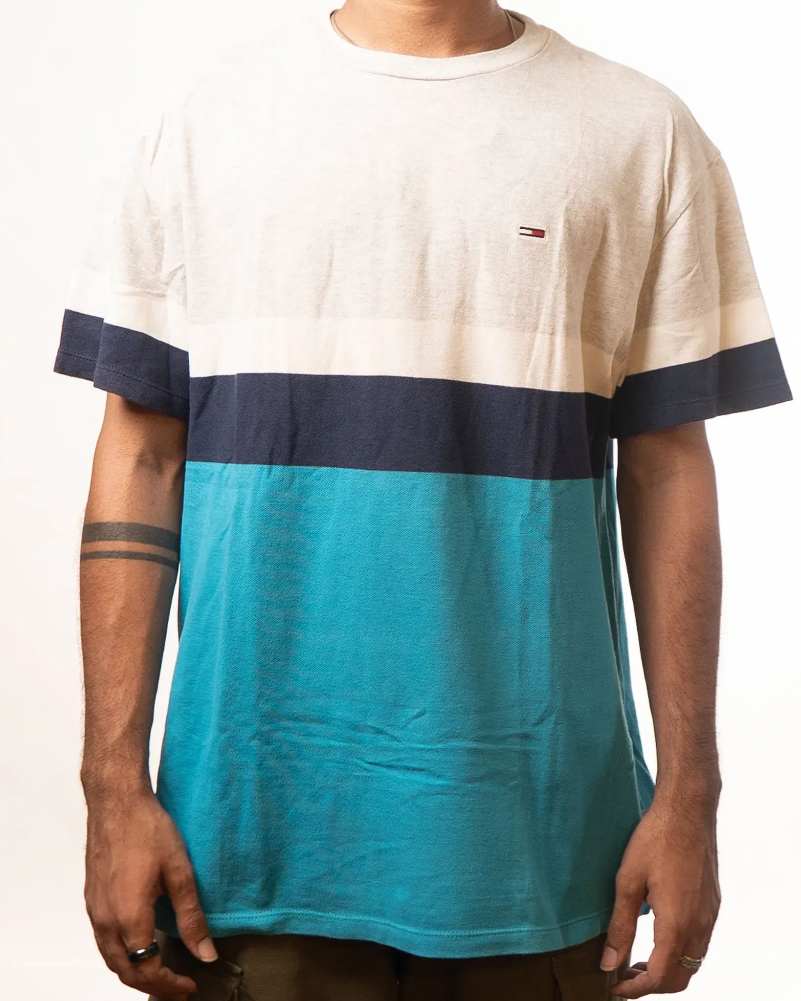 Tommy Hilfiger Grey White Blue Colourblocked T-Shirt (M)