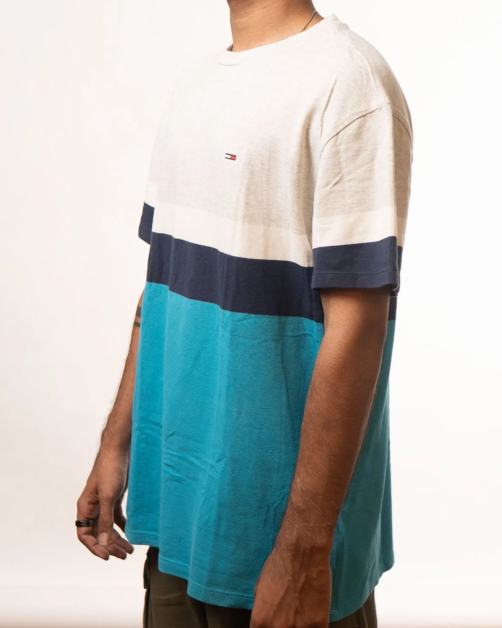 Tommy Hilfiger Grey White Blue Colourblocked T-Shirt (M)