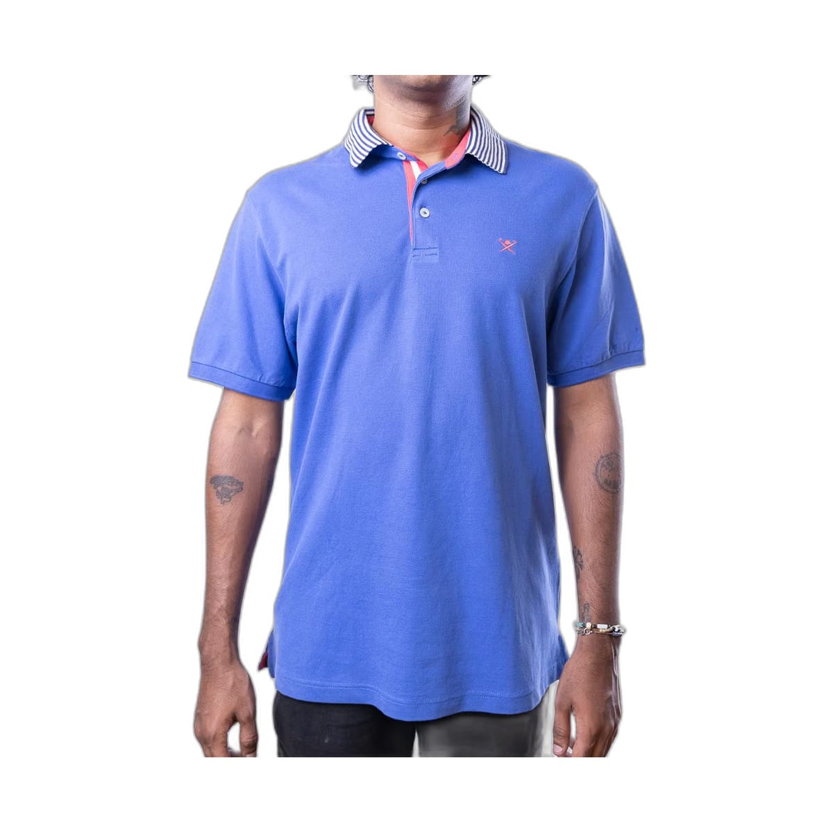 Hackett London Polo Blue Shirt With Striped Collar In Navy/White (L)