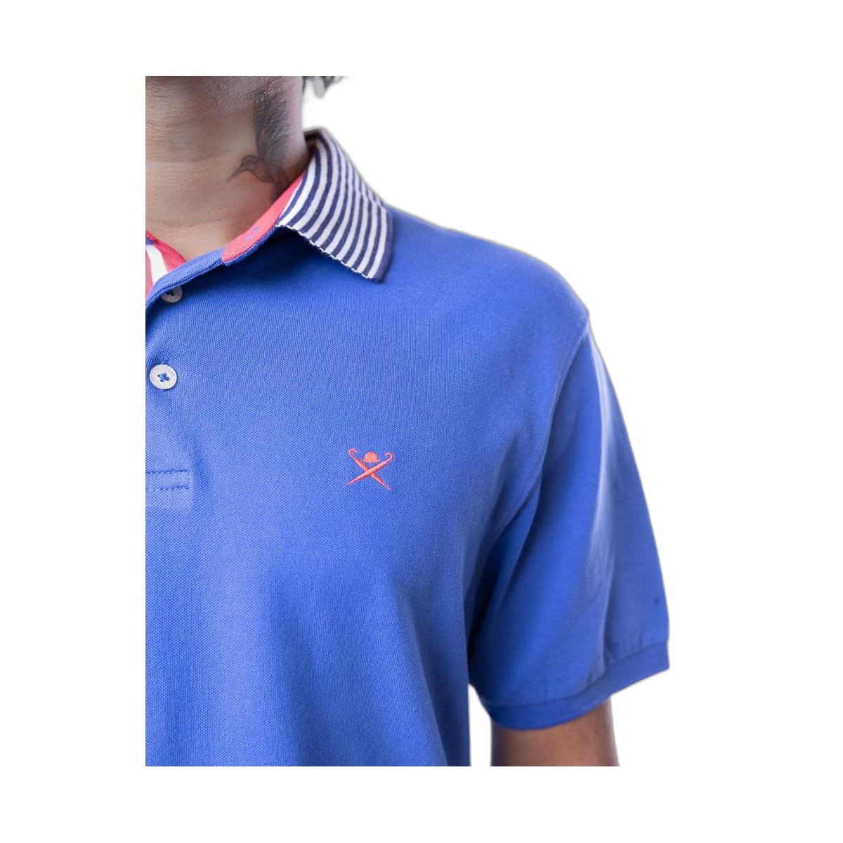Hackett London Polo Blue Shirt With Striped Collar In Navy/White (L)