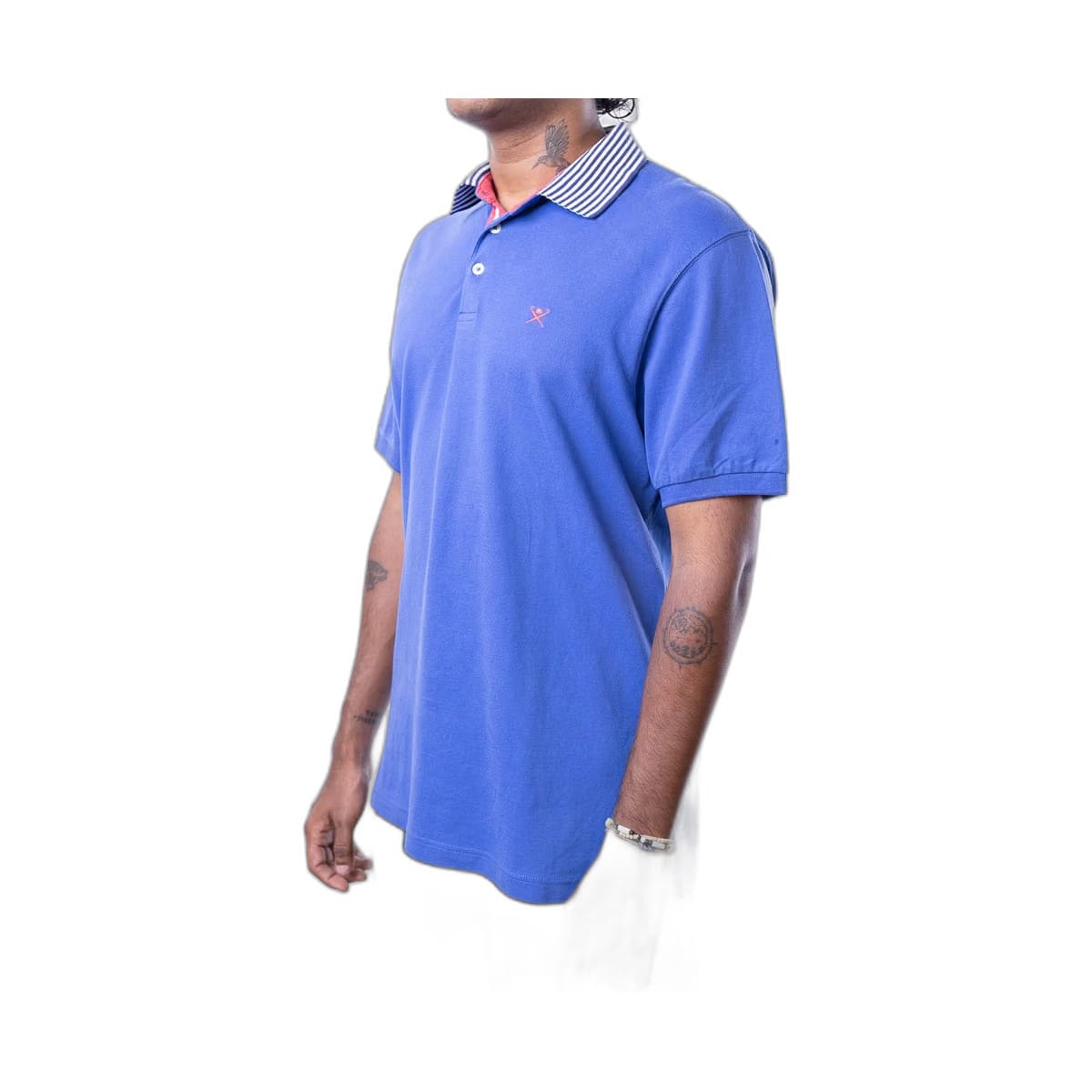 Hackett London Polo Blue Shirt With Striped Collar In Navy/White (L)