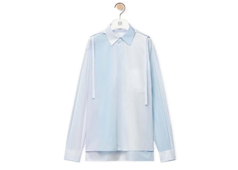 LOEWE Striped Cotton Hooded Shirt Soft Blue/Soft White