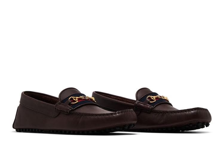Gucci Ayrton Webbing-Trimmed Horsebit Leather Driver Loafers Brown