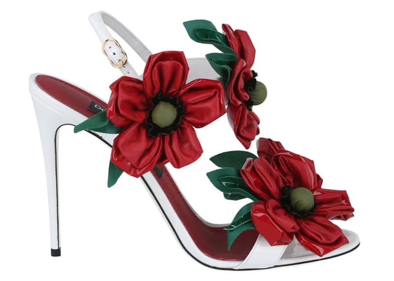 Dolce & Gabbana Patent Leather Floral Embellishment Sandals White Red Multi (Women's)