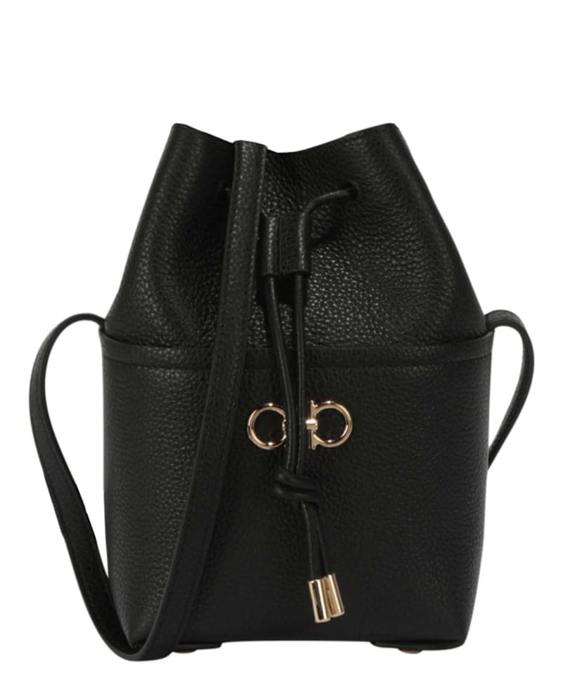 Ferragamo Gancini Logo Plaque Drawstring Bucket Bag Black