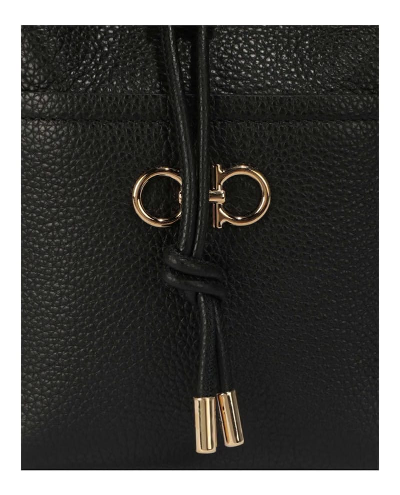 Ferragamo Gancini Logo Plaque Drawstring Bucket Bag Black