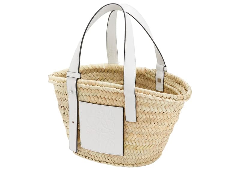 LOEWE Basket Bag in Palm Leaf and Calfskin Small Natural/White