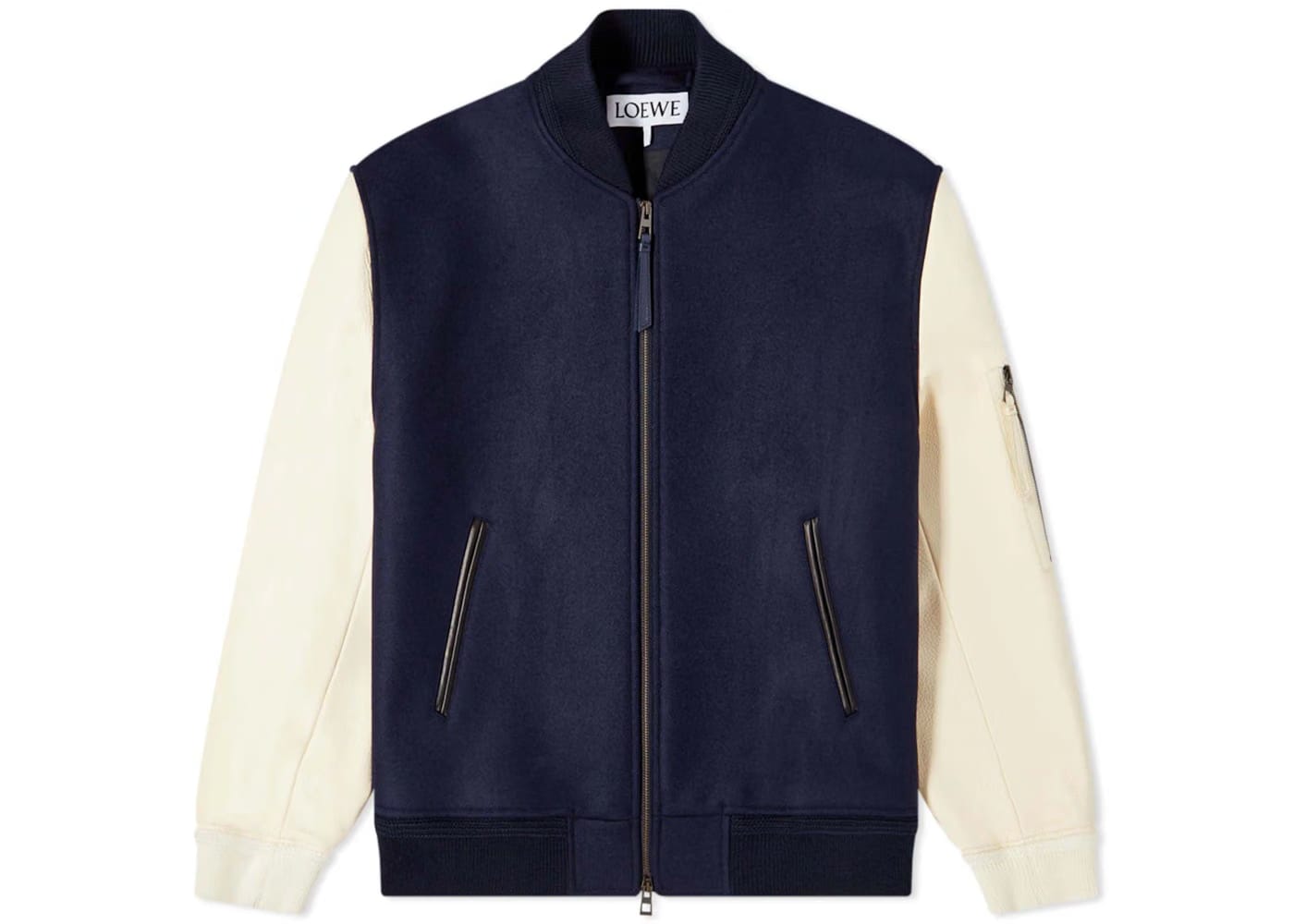 LOEWE Leather Sleeve Bomber Jacket Navy/Cream
