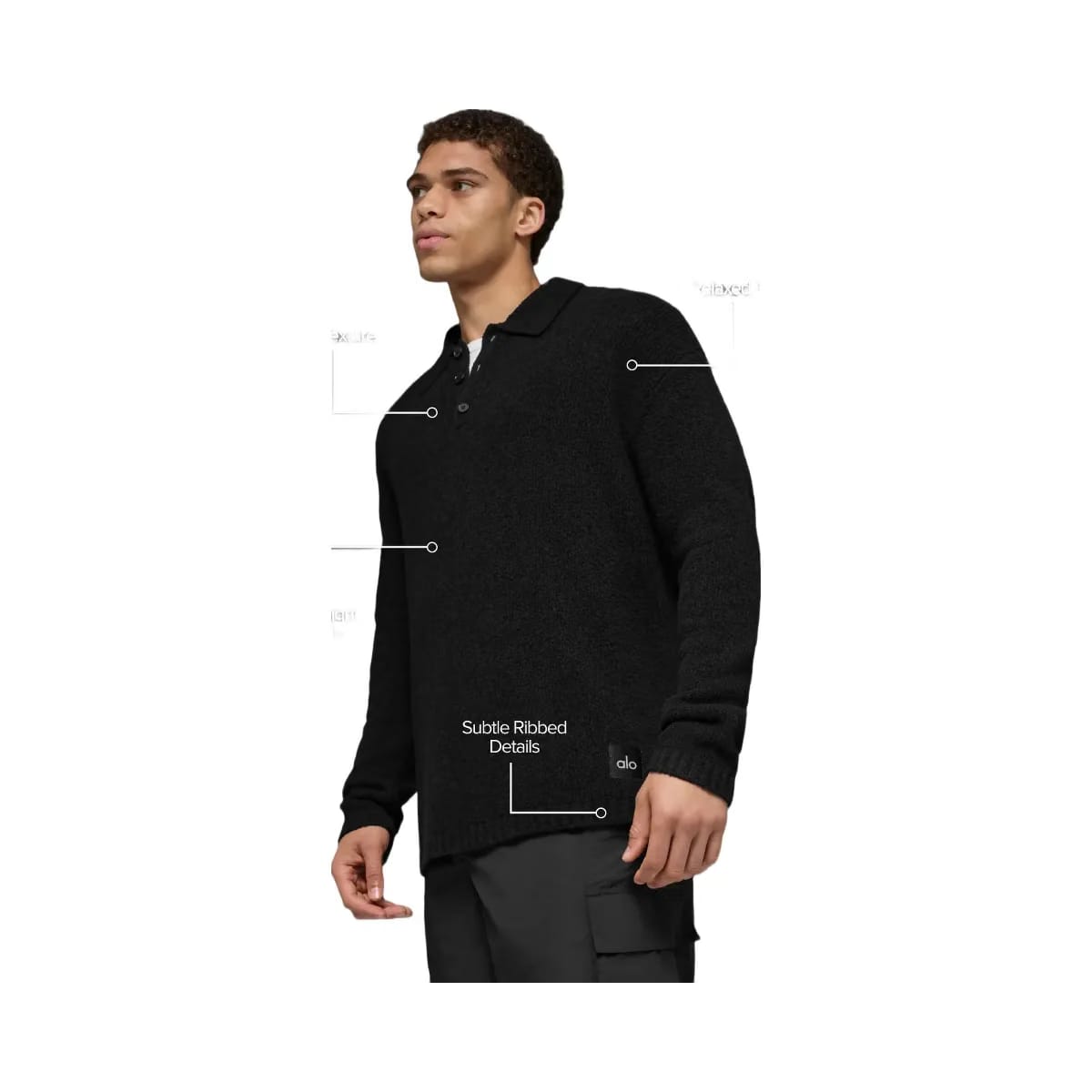 Alo Men's Textured Knit Long Sleeve Polo - Black