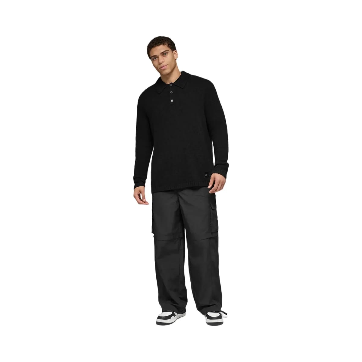Alo Men's Textured Knit Long Sleeve Polo - Black