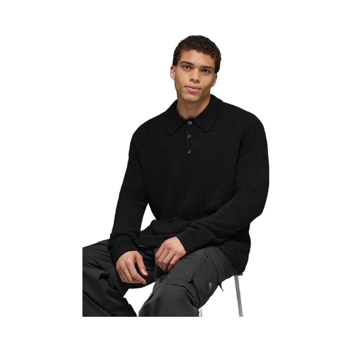 Alo Men's Textured Knit Long Sleeve Polo - Black