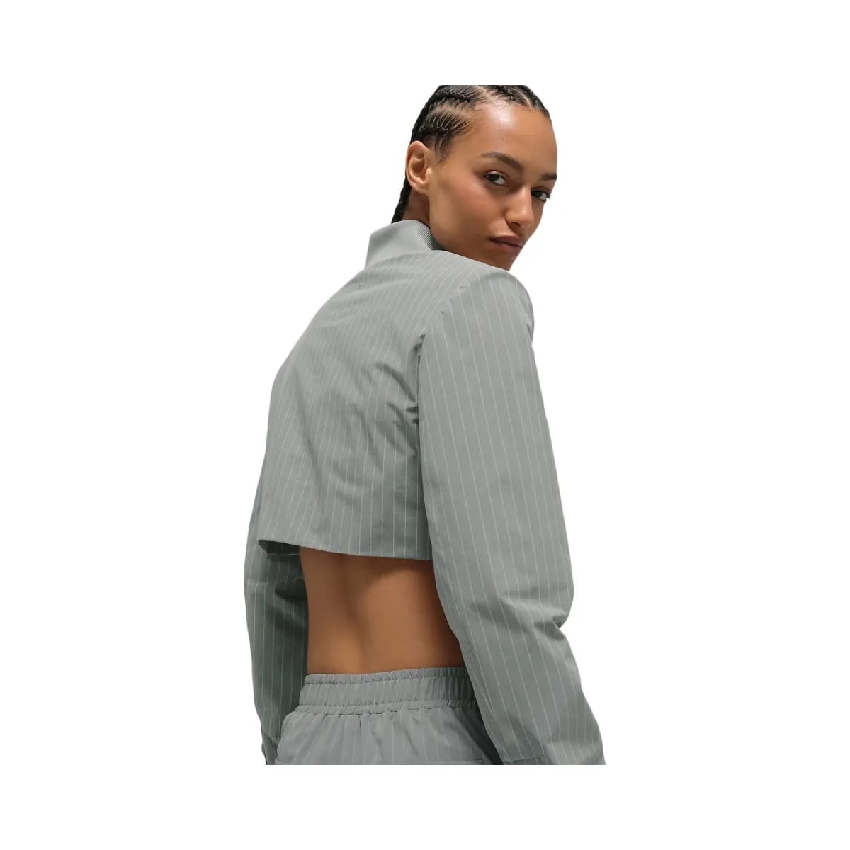 Alo Women's Cropped Pinstripe Main Character Full Zip Jacket - Lunar Grey/White