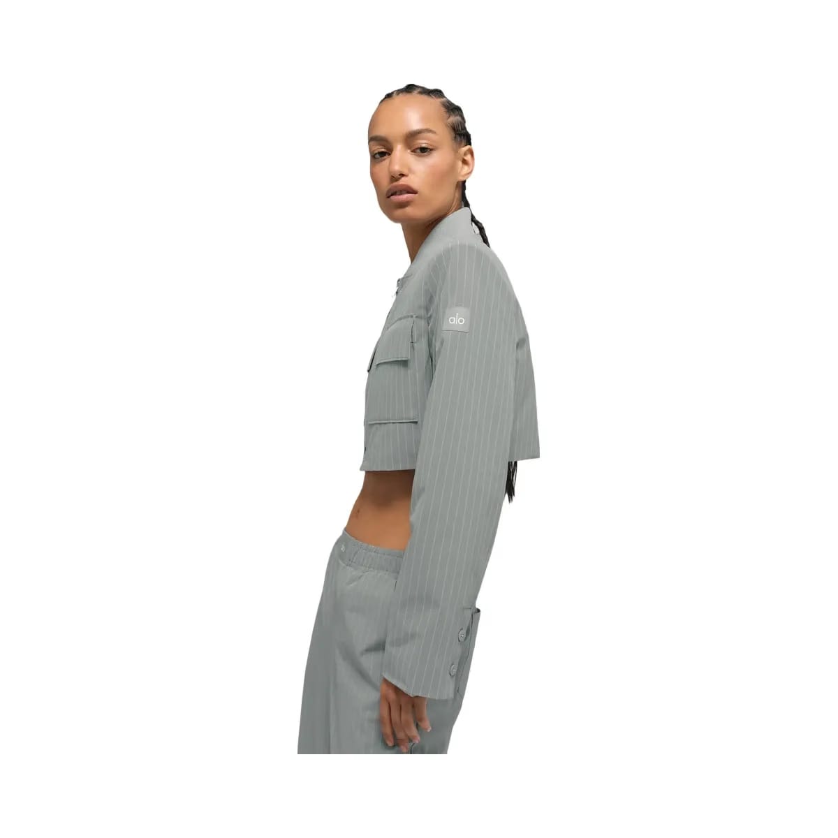 Alo Women's Cropped Pinstripe Main Character Full Zip Jacket - Lunar Grey/White