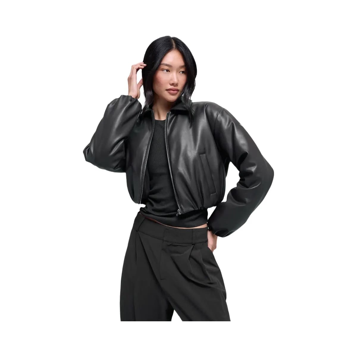 Alo Women's Faux Leather Cropped Premier Bomber - Black