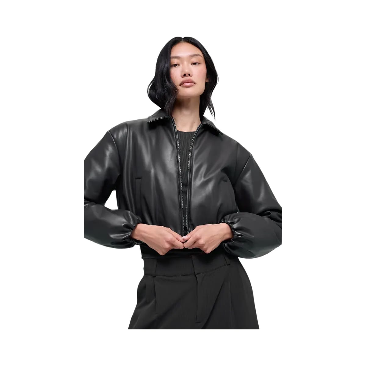 Alo Women's Faux Leather Cropped Premier Bomber - Black