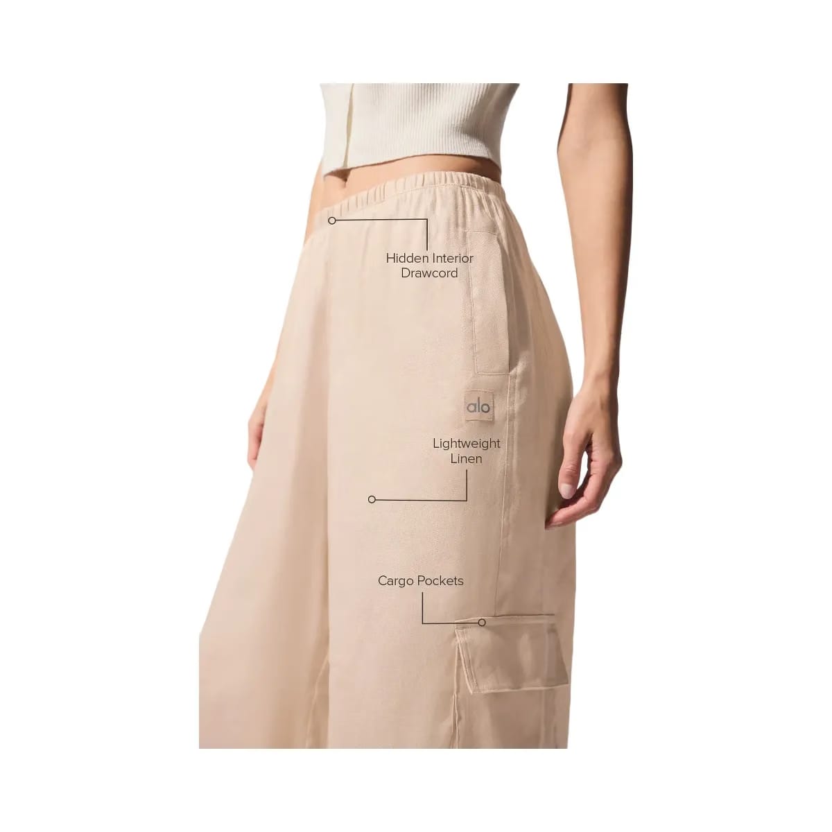 Alo Women's Linen Getaway Cargo Wide Leg Pant - Macadamia