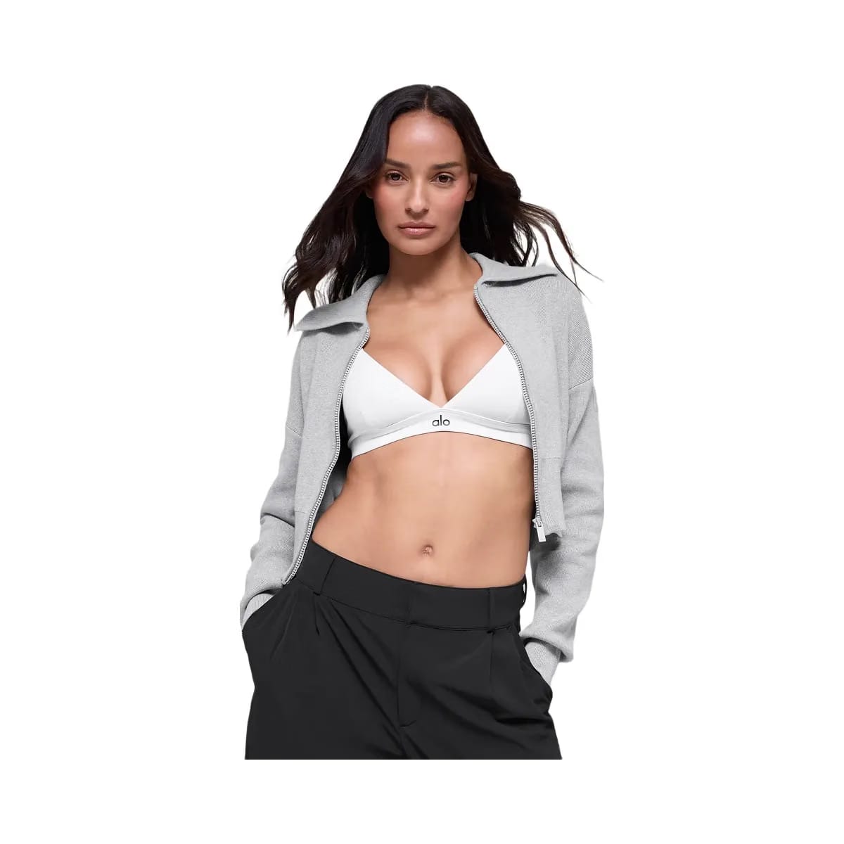 Alo Women's Scholar Knit Cropped Full Zip Jacket - Athletic Heather Grey