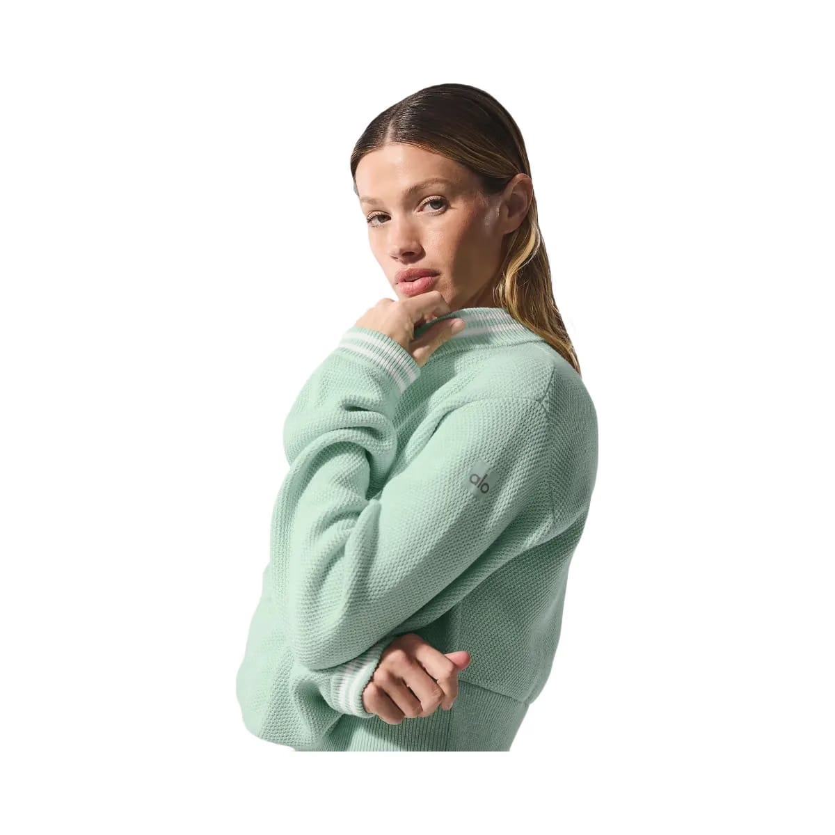 Alo Women's Tennis Club Sweater Knit Full Zip Jacket - Spearmint/White