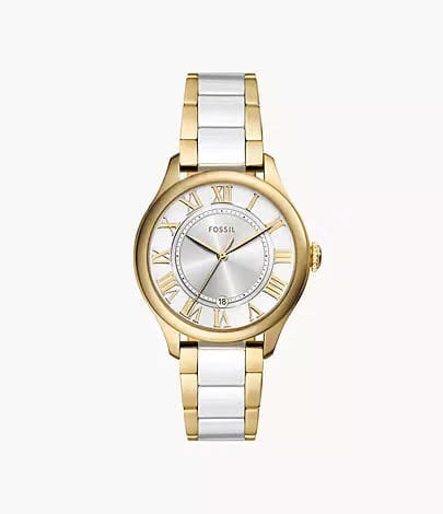Fossil Gilmore Three-Hand Date Gold-Tone and White Dial Ceramic Strap Watch