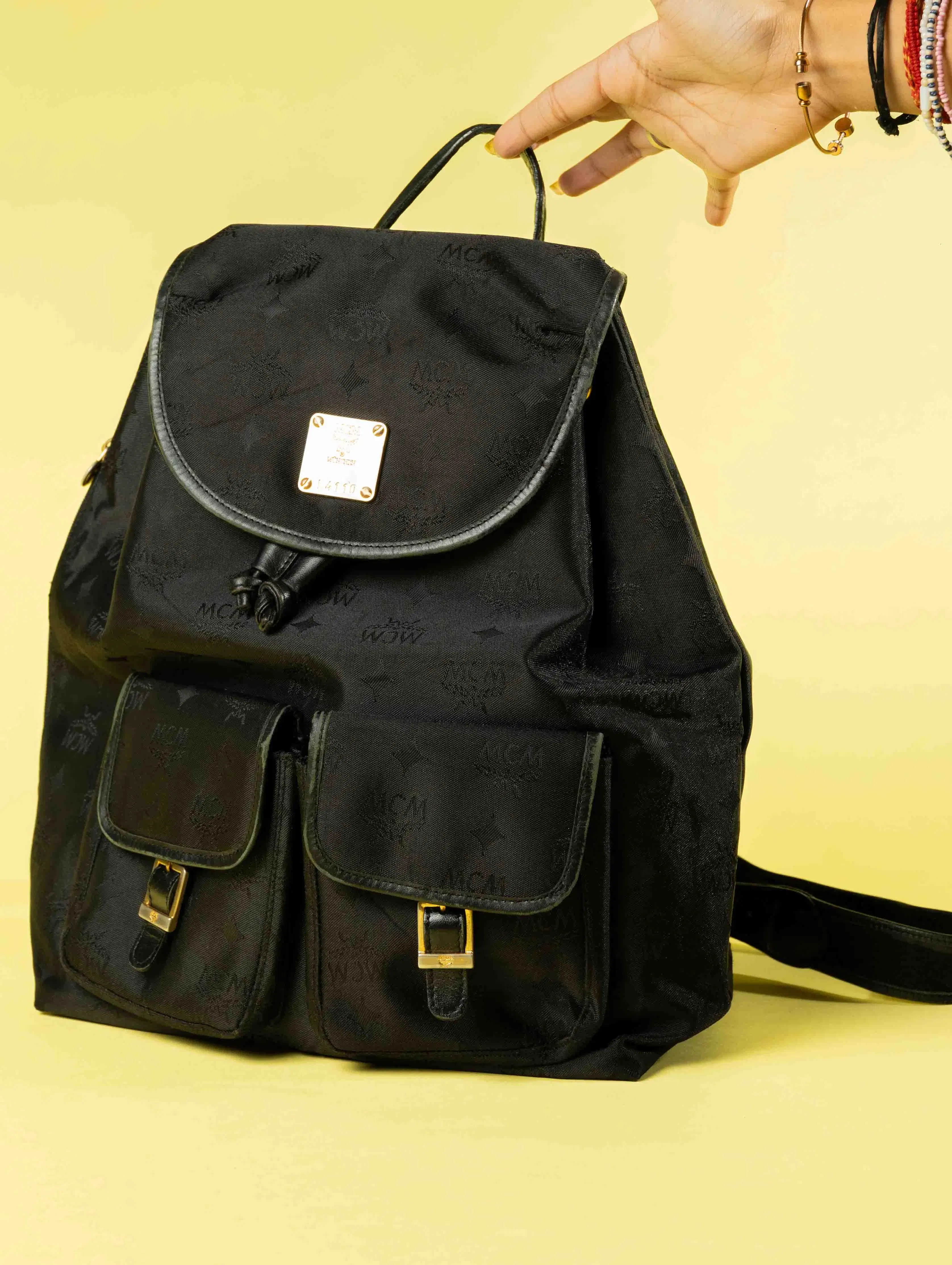 MCM Black Nylon and Leather Drawstring Backpack (One Size)