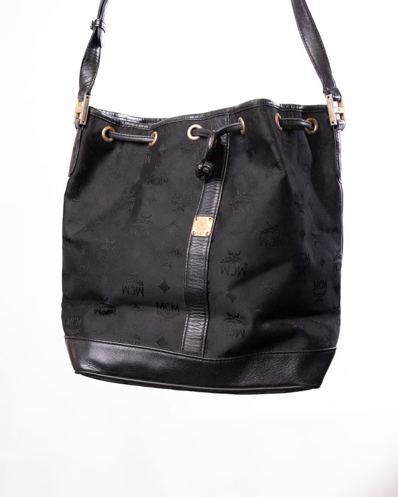 MCM Black Canvas and Leather Drawstring Bucket Bag (One Size)