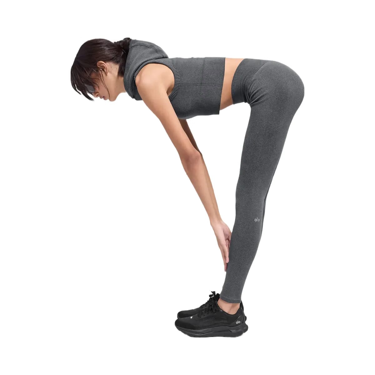 Alo Women's Seamless High-Waist Two Tone Rib Legging - Dark Misty Grey Heather