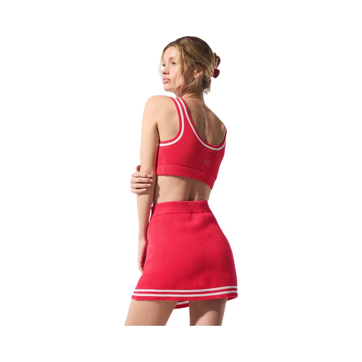 Alo Women's Tennis Club Sweater Knit Bra - Candy Red/White