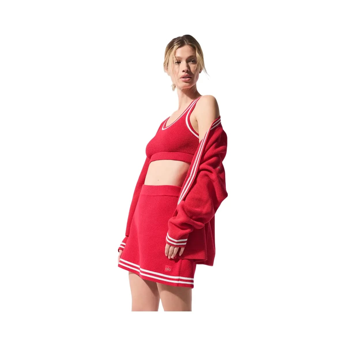 Alo Women's Tennis Club Sweater Knit Bra - Candy Red/White
