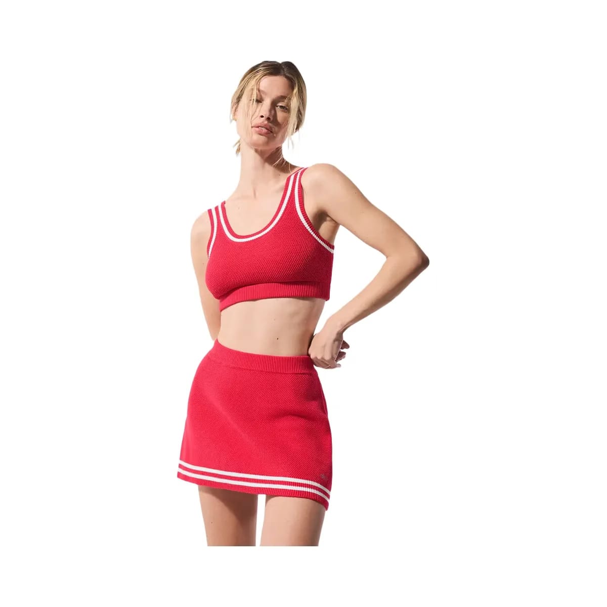 Alo Women's Tennis Club Sweater Knit Bra - Candy Red/White