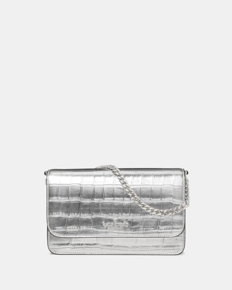 KateSpade Madison Croc Embossed Willow Mini Flap Crossbody Silver