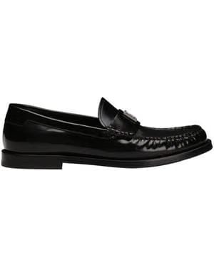 DOLCE AND GABBANA LOGO-PLAQUE SUEDE LOAFERS Brown