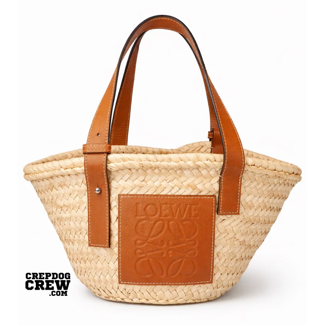 LOEWE LEATHER TRIMMED BASKET TOTE SMALL BEIGE