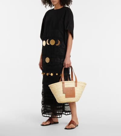 LOEWE LEATHER TRIMMED BASKET TOTE SMALL BEIGE
