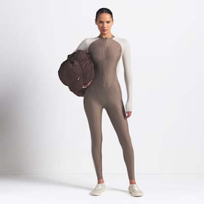 Nike x Skims Shine Zip-Front Long Bodysuit Truffle Stone