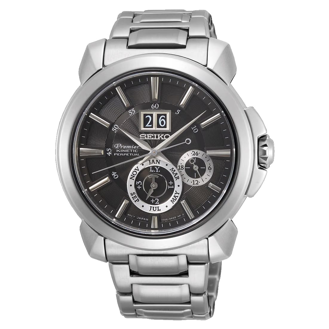 Seiko Premier Kinetic Perpetual Kinetic Powered Black Dial Stainless Steel Watch - SNP059P1