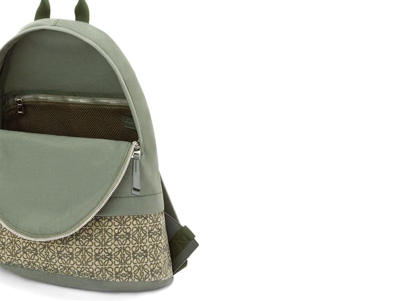 LOEWE Round Slim Backpack in Canvas and Anagram Jacquard Khaki Green