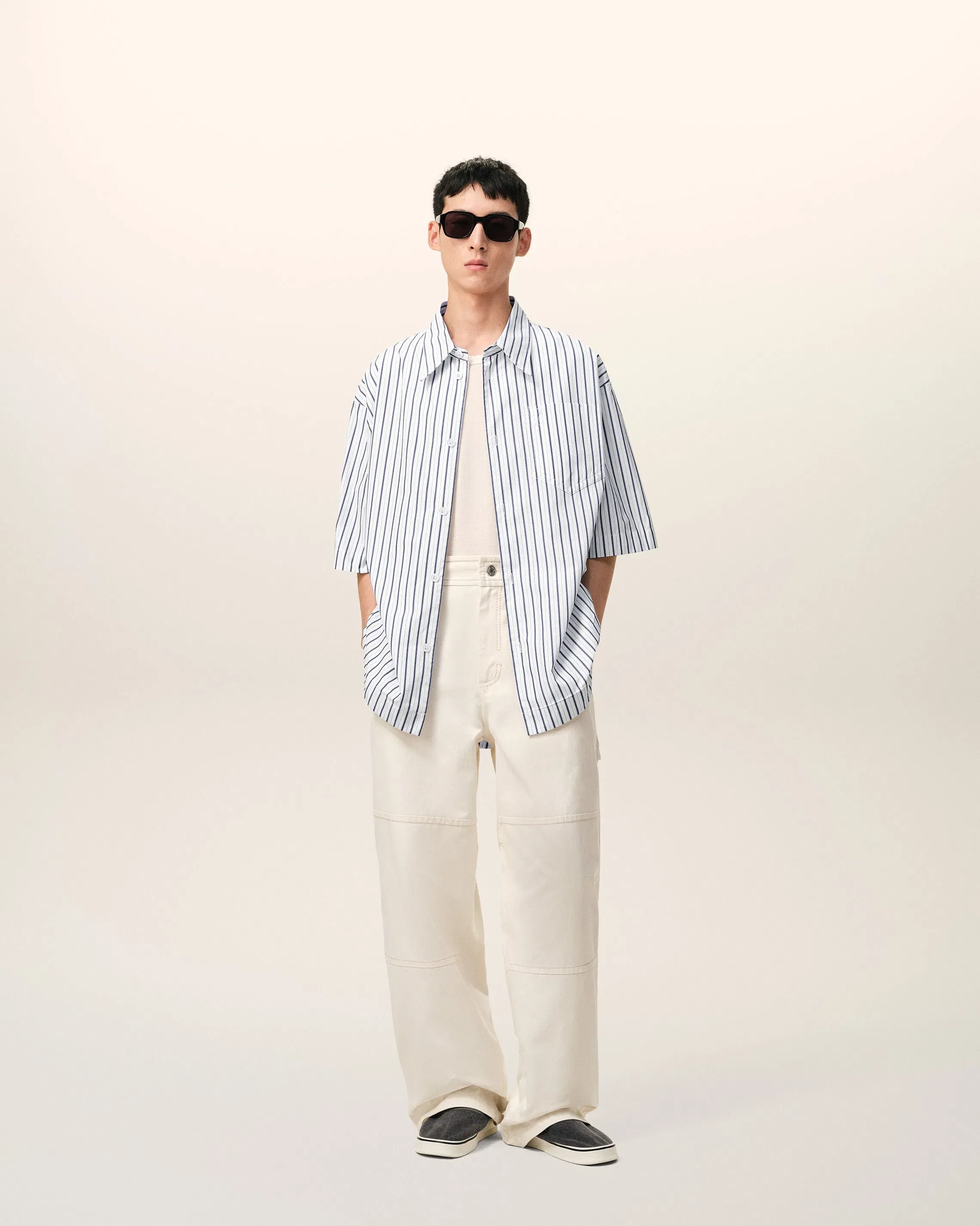 White Striped Cotton Shorts Sleeve Ami De Coeur Wide Shirt