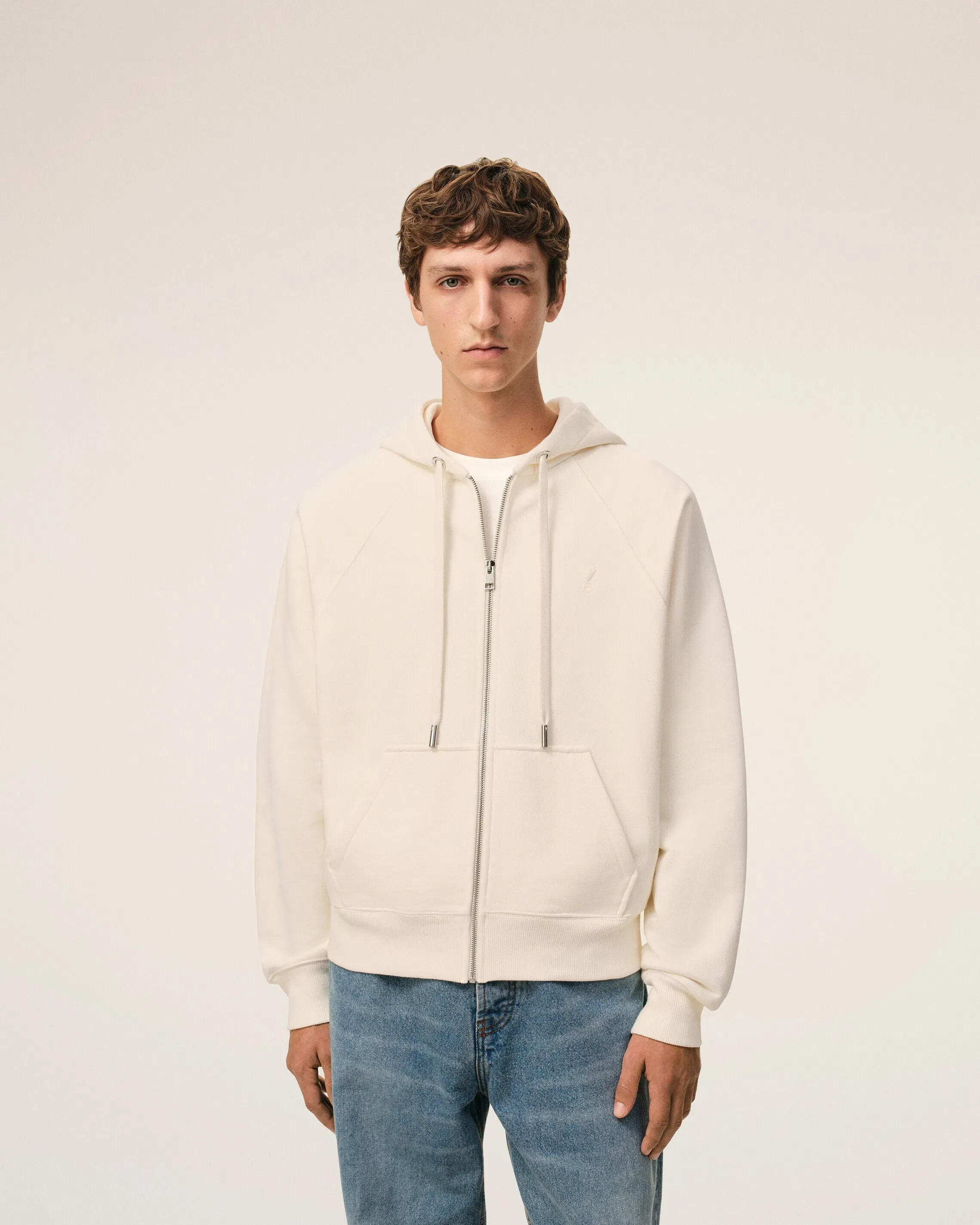 White Cotton Embossed Ami De Coeur Zipped Hoodie