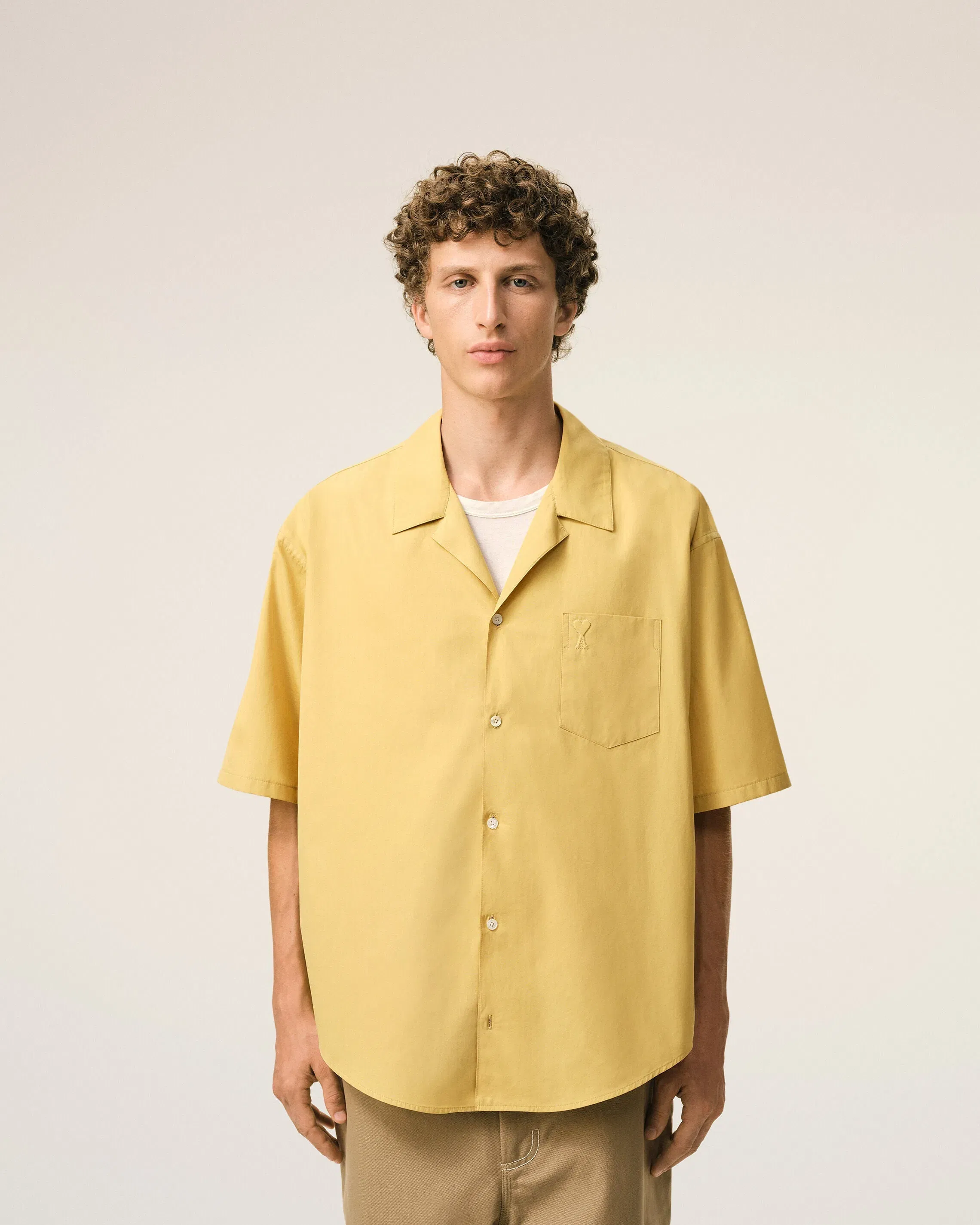 AmiParis Yellow Cotton Shorts Sleeve Camp Collar Boxy Shirt