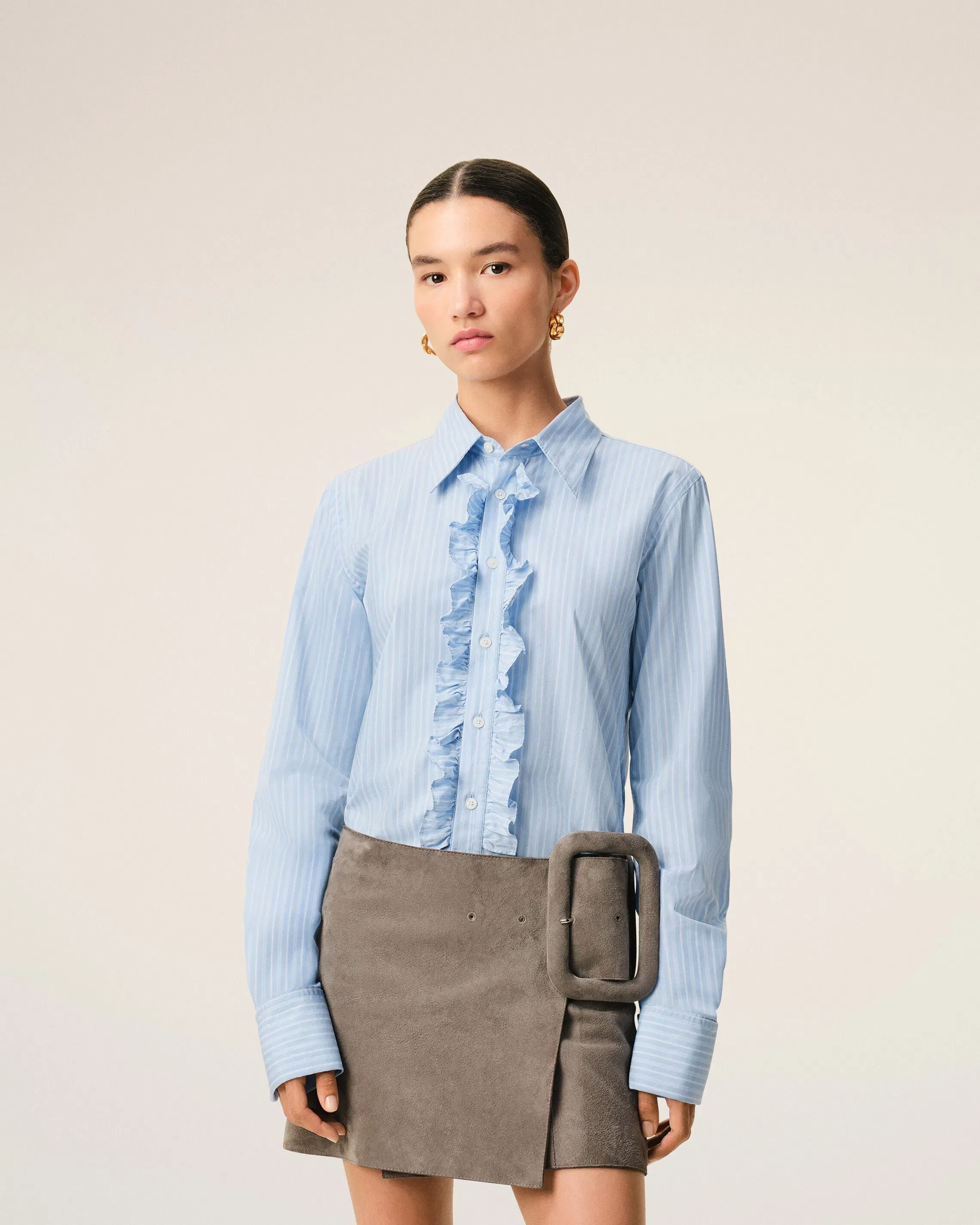 AmiParis Blue Cotton Long Sleeve Ruffled Adjusted Shirt Women's