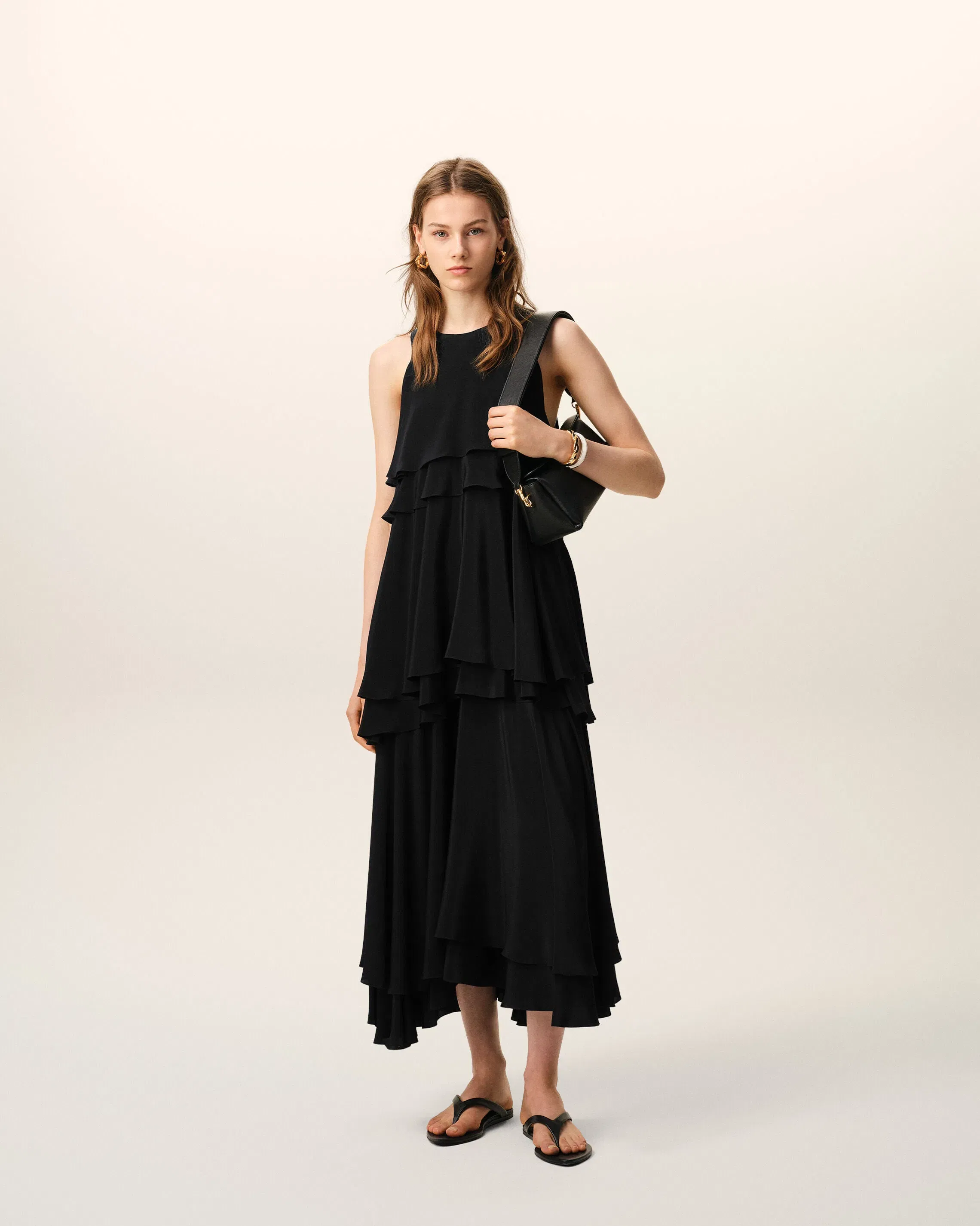 AmiParis Black Blended Silk Long Dress With Ruffles Women's