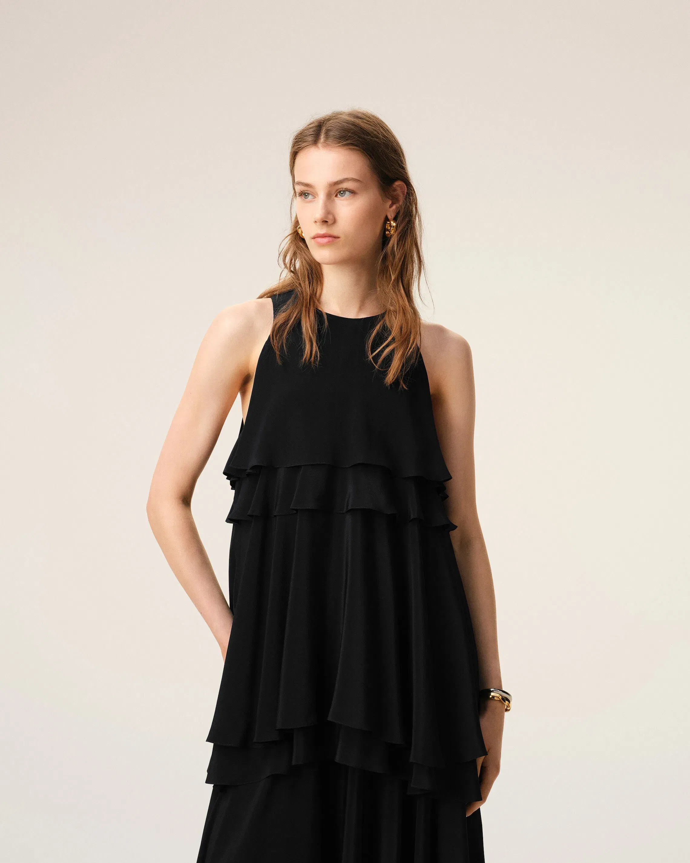 AmiParis Black Blended Silk Long Dress With Ruffles Women's