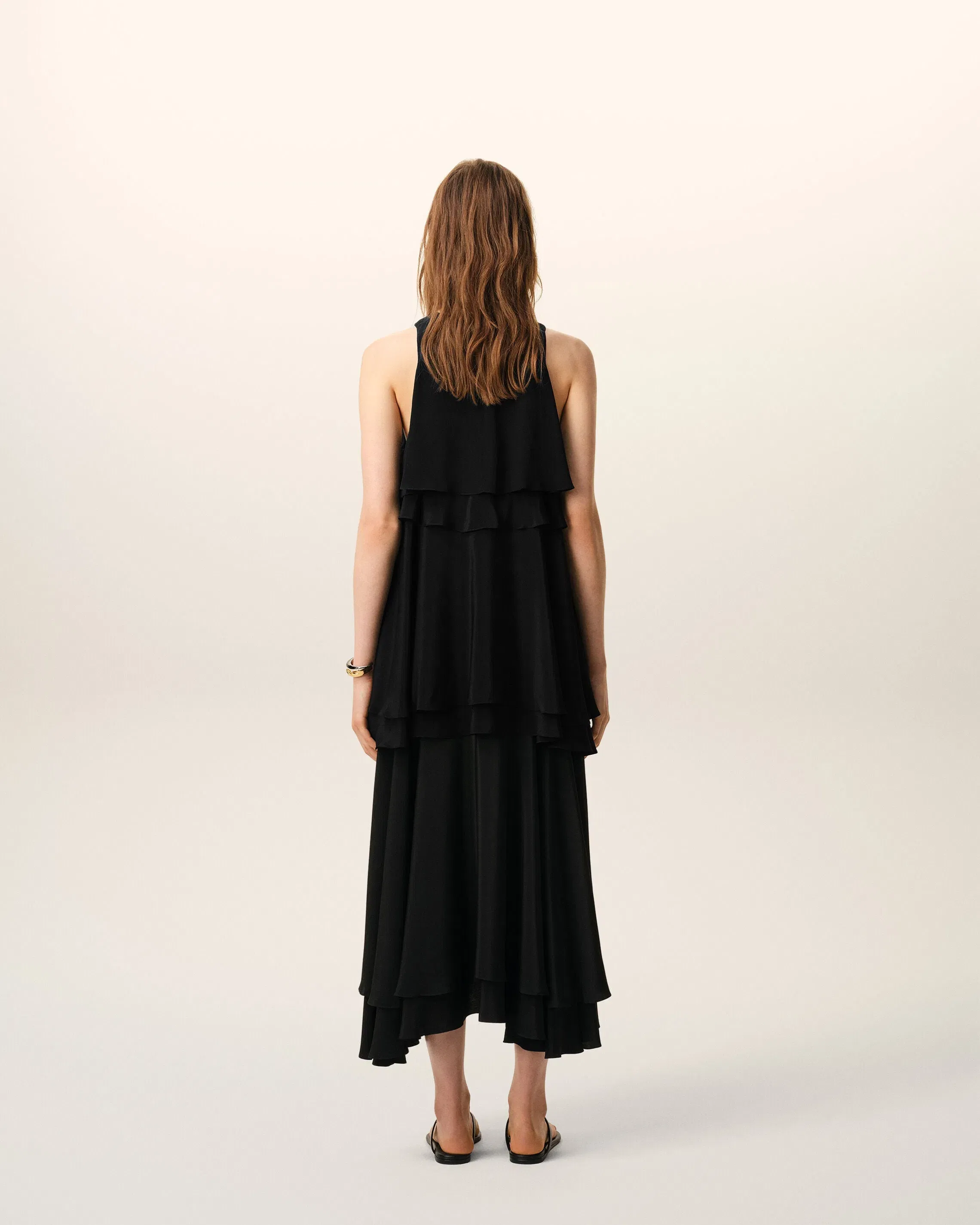 AmiParis Black Blended Silk Long Dress With Ruffles Women's