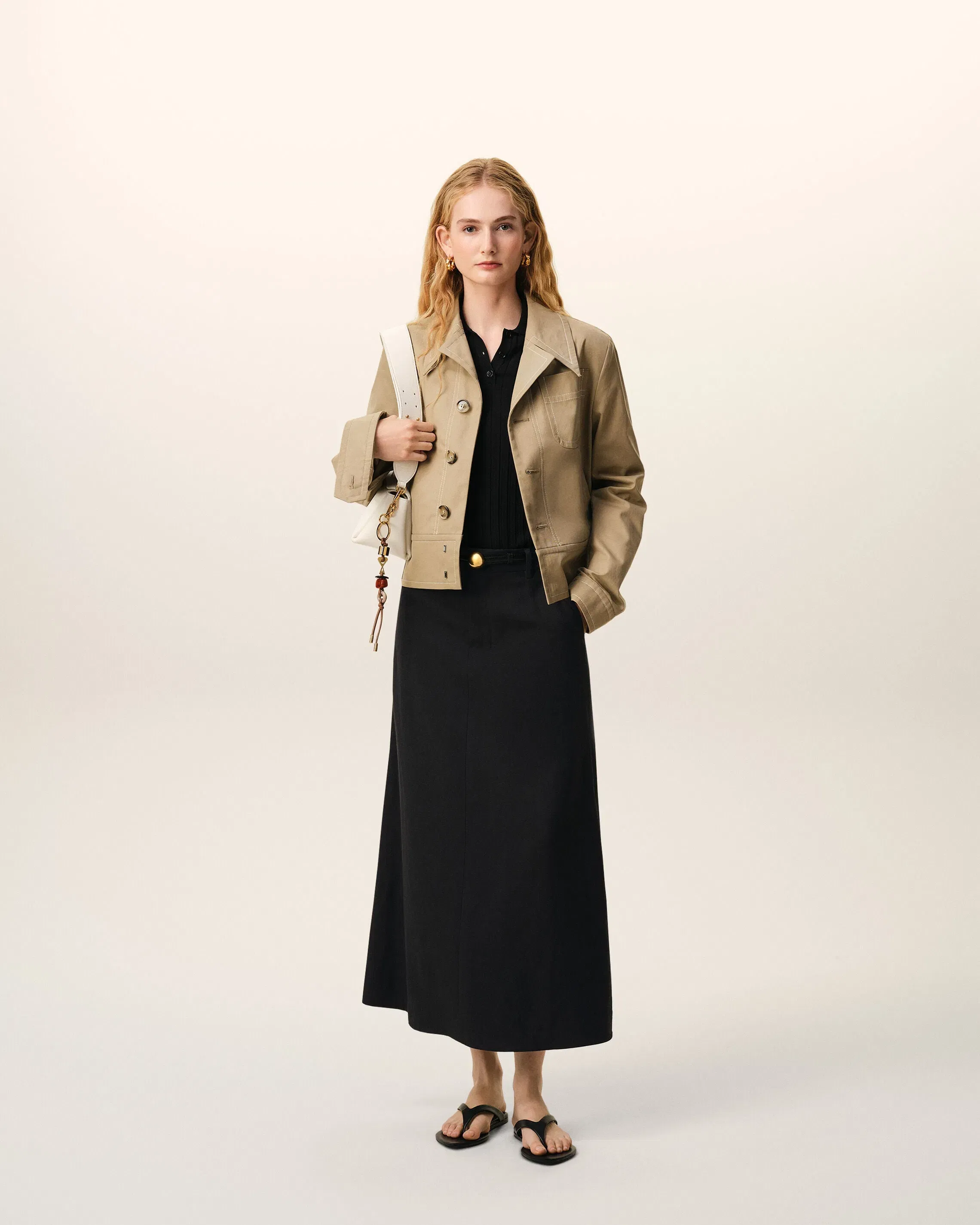 AmiParis Black Blended Linen Tailor Construction Long Trapeze Skirt Women's