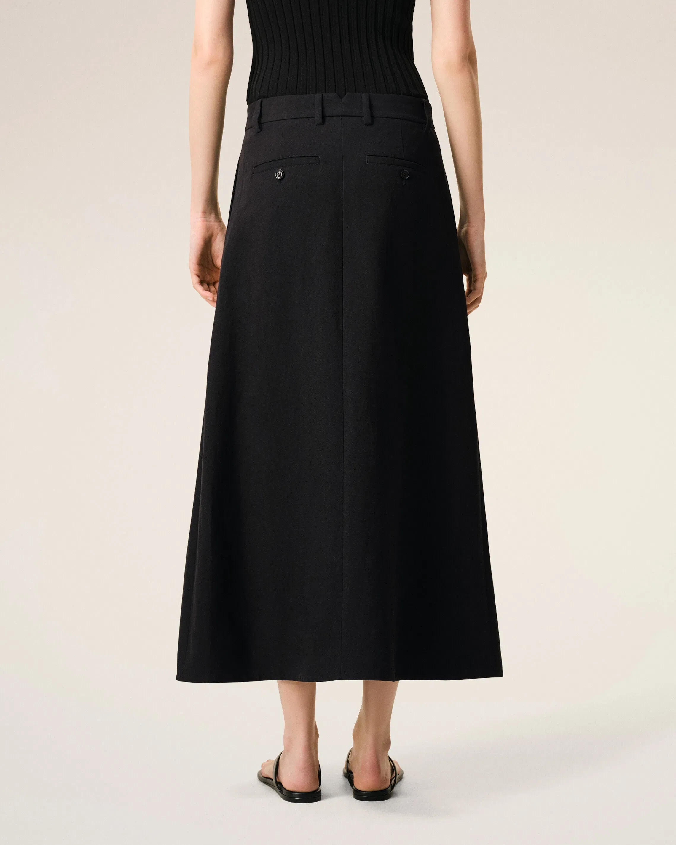 AmiParis Black Blended Linen Tailor Construction Long Trapeze Skirt Women's